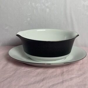 Vintage Noritake Mirano 6878 White & Matte Black‎ Gravy Boat Attached Underplate